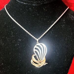 Elegant Polished 925 and Gold Elongated, Stylized Heart Pendant Necklace 16"